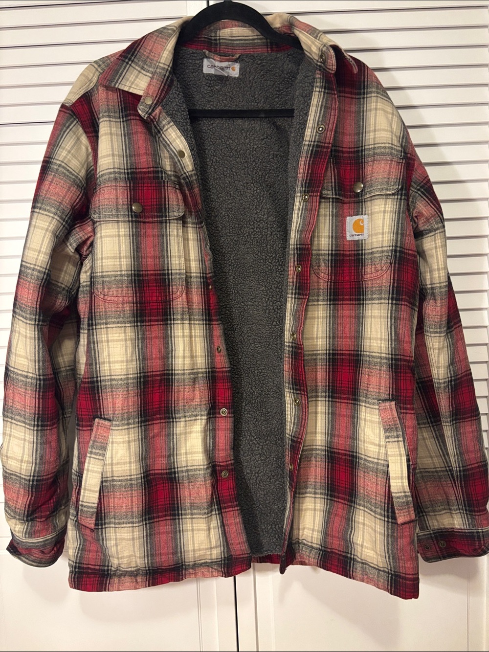 Carhartt Red & Cream Plaid Sherpa-Lined Work Jacket